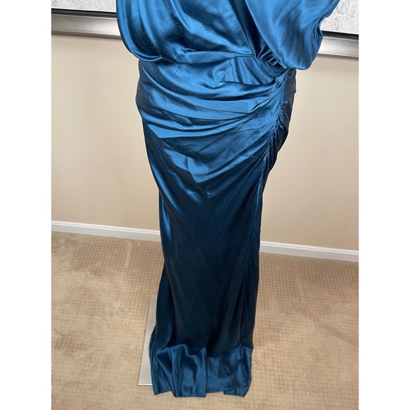 THE SEI Strapped Off Shoulder Silk Ruched Draped Asymmetric Blue Maxi Dress Sz 2 - Picture 5 of 9